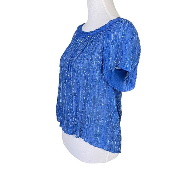 Parker NWT Royal Blue Beaded Embellished Off the Shoulder Sheer Top - Picture 7 of 16